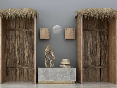 Rustic Wooden Swing Doors With Thatched Tops Decorative Panels And Stone Sculpture 3d model
