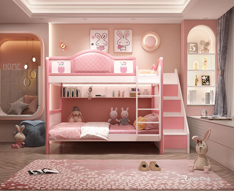 Pink Kids Room Interior With Staircase Bunk Bed Rabbit Decor And Stuffed Toys 3d model 
