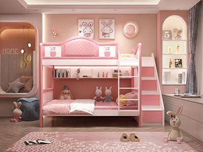 Pink Kids Room Interior With Staircase Bunk Bed Rabbit Decor And Stuffed Toys 3d model