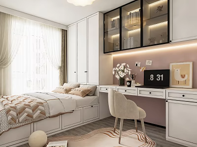 Tatami Bedroom Interior Design With Built in Cabinets Desk Chair Curtains And Lighting 3d model