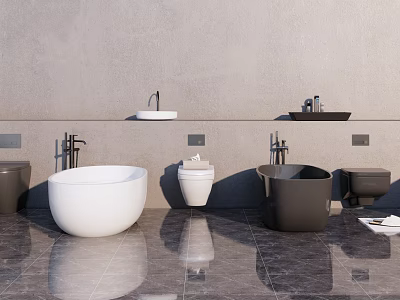 Luxury Bathroom Interior Featuring Freestanding White And Black Bathtubs With Toilets 3d model