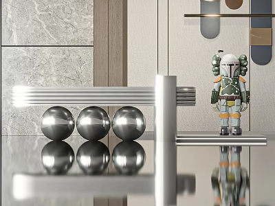 Modern Reception Desk Interior Design With Marble Wall Metal Spheres And Robot Figurine 3d model