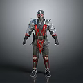 3D Model of Warrior in Silver and Red Armor With Helmet and Detailed Design
