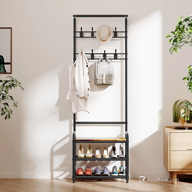 Modern Indoor Decorative Ornament Set With Coat Rack Shoe Shelf Green Plants And Cabinet 3d model 