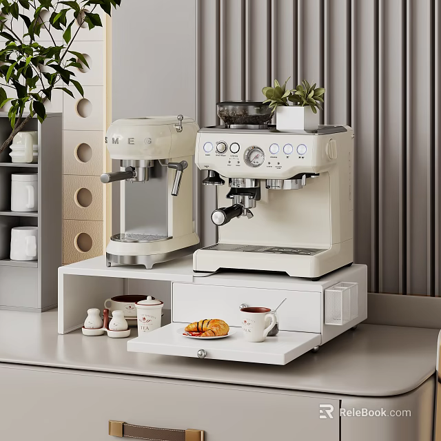 Modern Kitchen Storage Shelf With Coffee Machines Cups And Green Plants On Countertop 3d model 