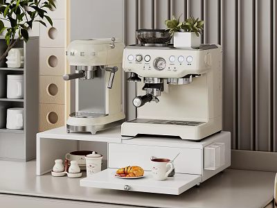 Modern Kitchen Storage Shelf With Coffee Machines Cups And Green Plants On Countertop 3d model