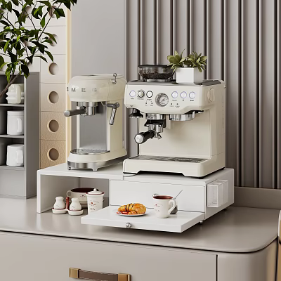 Modern Kitchen Storage Shelf With Coffee Machines Cups And Green Plants On Countertop 3d model