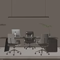 Modern Office Desk Setup With Computer Monitor Chairs Hanging Lamp And Potted Plant