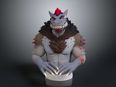 Fierce Mythical Creature Character With Red Horns Sharp Teeth Brown Mane And Red Arm Tattoos 3d model
