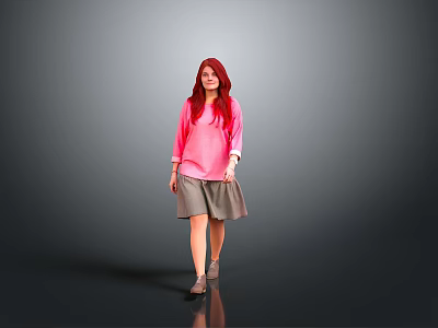 Red Haired Woman Wearing Pink Top And Gray Skirt Walking Against Gray Background 3d model