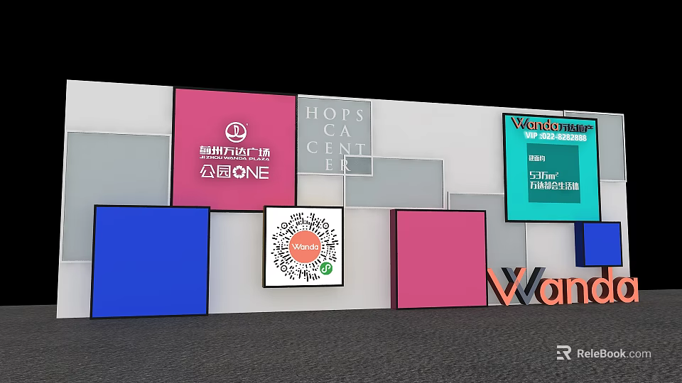 Colorful Display Wall with Logos Text QR Code and Brand Names 3d model 