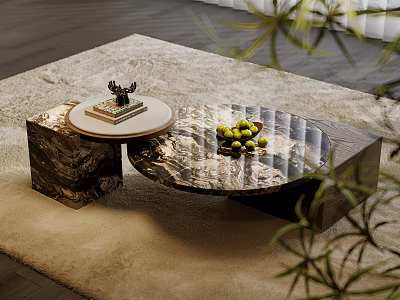 Modern Round Coffee Table With Marble Top Fruit Bowl And Books On Soft Rug 3d model