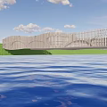 Modern Landscape Bridge With Unique Railings Over Blue Water And Green Grass