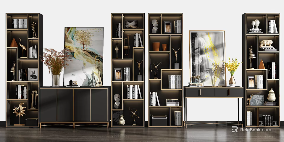 Modern Bookcase Interior Design With Layered Shelves Decorative Paintings Vases And Desk 3d model 
