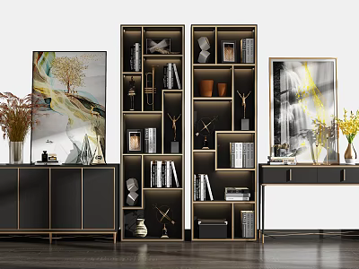 Modern Bookcase Interior Design With Layered Shelves Decorative Paintings Vases And Desk 3d model