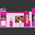 Modern Exhibition Booth Design With Pink Blue Decor Display Shelves Tables And Posters