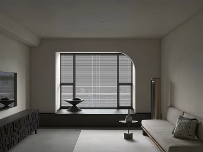 Minimalist Living Room Interior With Neutral Tones Grey Sofa Wooden Coffee Table Arched Window Blinds 3d model