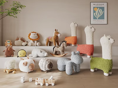 Adorable Plush And Wooden Stuffed Animals With Lion Horse Llama Sheep And Train 3d model