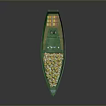 Green Cargo Boat Filled With Yellow Goods With Cabin Ladder And Antennas On Deck