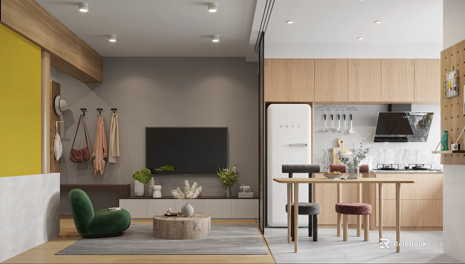 Modern Dining Living Room Interior Design With Green Chair TV Wooden Cabinets And Dining Table 3d model 