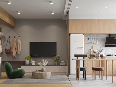 Modern Dining Living Room Interior Design With Green Chair TV Wooden Cabinets And Dining Table 3d model