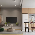 Modern Dining Living Room Interior Design With Green Chair TV Wooden Cabinets And Dining Table
