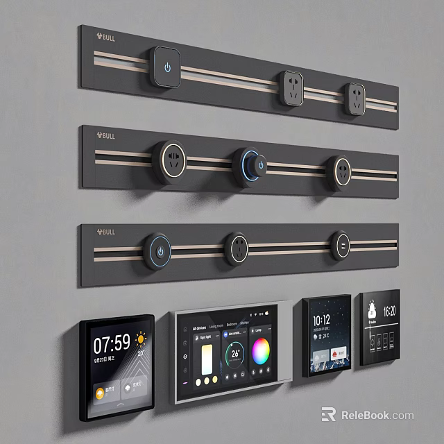 Modern Smart Home Wall Control Track System With Sockets Knobs And Displays 3d model
