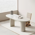 Minimalist White Desk Interior With Wooden Chair Open Book And Decorative Object