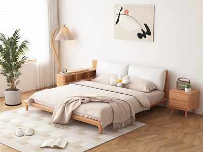 Double Bed with Wooden Frame in Minimalist Bedroom with Nightstands Floor Lamp and Abstract Painting 3d model