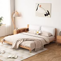 Double Bed with Wooden Frame in Minimalist Bedroom with Nightstands Floor Lamp and Abstract Painting