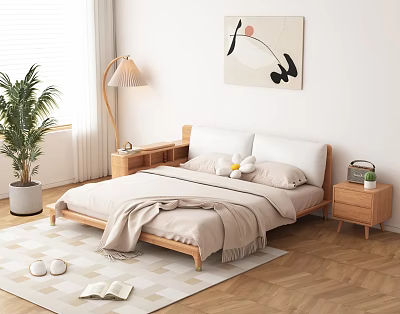 Double Bed with Wooden Frame in Minimalist Bedroom with Nightstands Floor Lamp and Abstract Painting 3d model