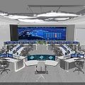 Modern Control Room Interior With Multiple Workstations Large Screen Displays And Office Chairs 3d model