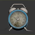Vintage Blue Alarm Clock With Double Bells Roman Numeral Dial Worn Reflection On Black Surface