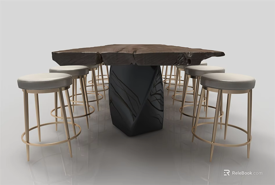 Bar Counter With Dark Wooden Top Black Patterned Base And Light Upholstered Gold Framed Stools 3d model 