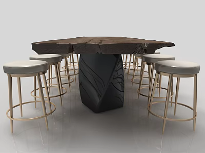 Bar Counter With Dark Wooden Top Black Patterned Base And Light Upholstered Gold Framed Stools 3d model
