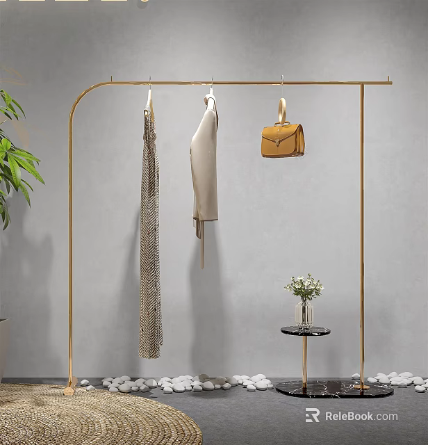 Golden Clothes Rack with Hanging Dresses Handbag Green Plant Flowers and Pebbles on Gray Wall 3d model 