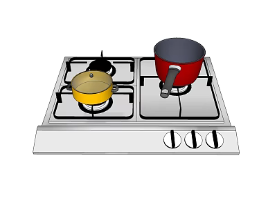 Kitchen Cabinets With Gas Stove And Two Colorful Cooking Pots 3d model