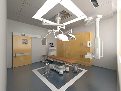 Modern Operating Room Interior With Surgical Table Lights And Medical Cabinets 3d model