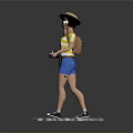 Character Wearing Straw Hat Yellow Striped Shirt Blue Shorts Holding Camera on Gray Stone Platform