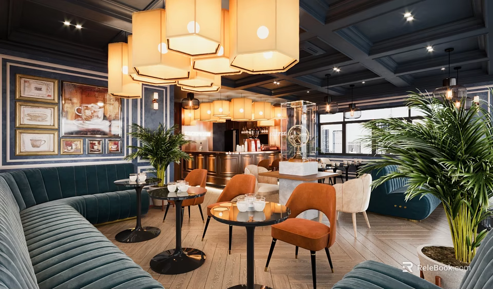 Modern Café Interior With Blue Sofa Orange Chairs Round Tables Pendant Lights And Green Plants 3d model 