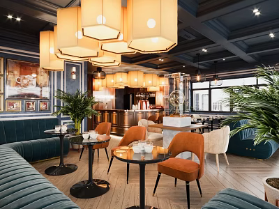 Modern Café Interior With Blue Sofa Orange Chairs Round Tables Pendant Lights And Green Plants 3d model