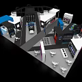 HARMAN Exhibition Booth Design With Blue Backdrops Reception Desk And Product Displays