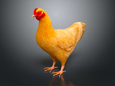 Yellow Flying Animal Chicken With Red Comb Standing On Dark Background 3d model