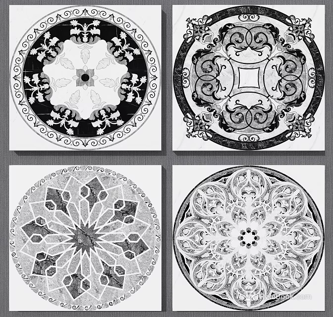 Ornate Decorative Floor Patterns Showcasing Four Different Intricate Black And White Designs 3d model
