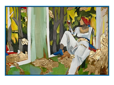 Oil Painting of Seated Woman Holding Wine Glass in White Dress with Trees Gold Leaf 3d model