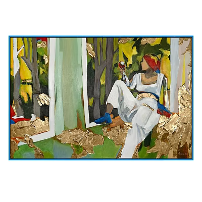 Oil Painting of Seated Woman Holding Wine Glass in White Dress with Trees Gold Leaf 3d model