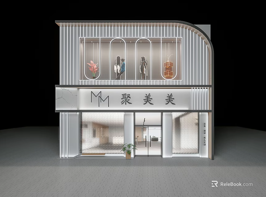 Modern Storefront Facade Design With Arched Metal Frames Display Windows And Mannequins 3d model 