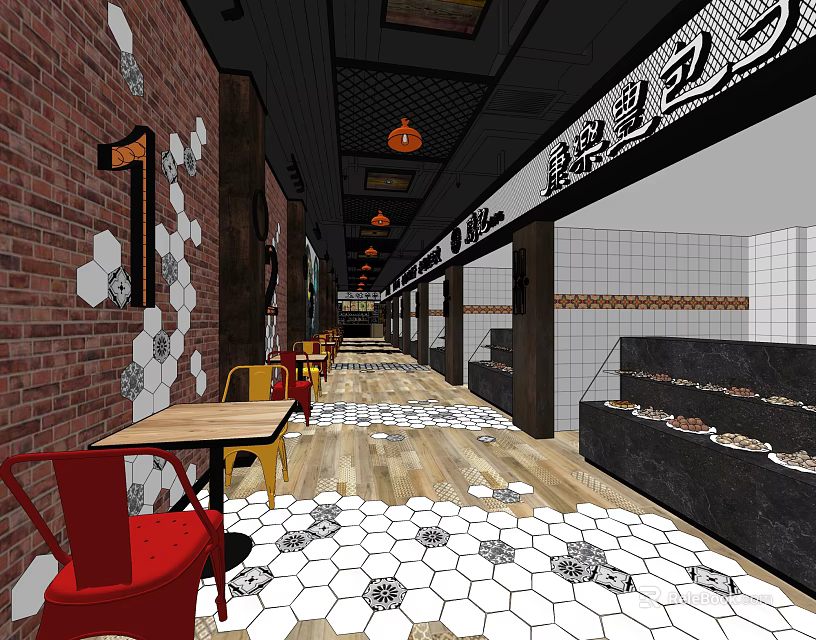 Cozy Restaurant Interior With Red Brick Walls Hexagonal Floor Tiles Colorful Tables And Chairs 3d model 