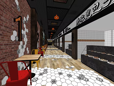 Cozy Restaurant Interior With Red Brick Walls Hexagonal Floor Tiles Colorful Tables And Chairs 3d model