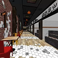 Cozy Restaurant Interior With Red Brick Walls Hexagonal Floor Tiles Colorful Tables And Chairs